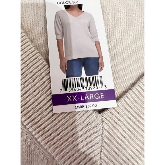NWT DKNY Sweater Puff Sleeves V-Neck Lightweight Knit Birch Cream Womens XXL - Picture 6 of 8